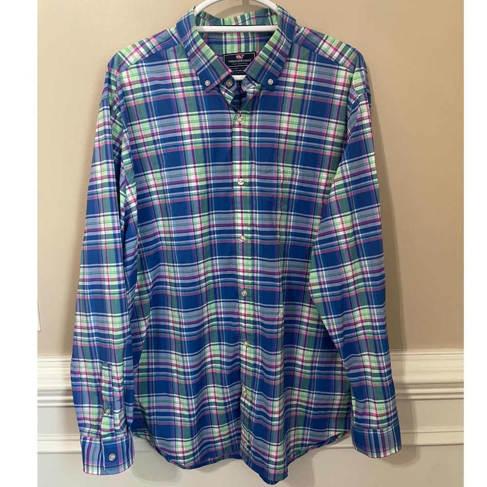 Vineyard Vines Performance Classic Fit Murray Shirt XXL Blue Green Pink Plaid